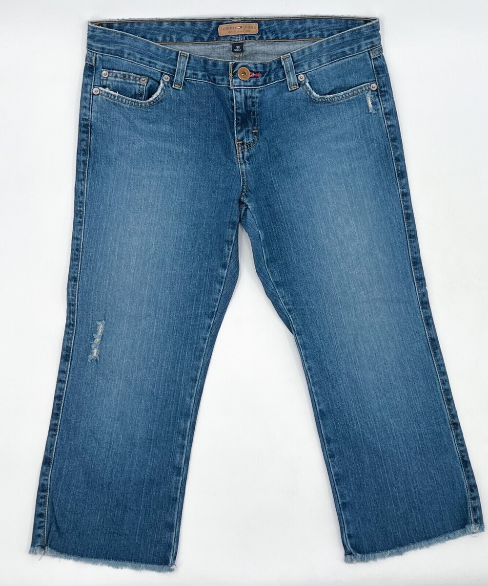 Tommy Hilfiger Jeans womens 11 Bue Denim Distressed Cropped Cutoff Raw hem Strai